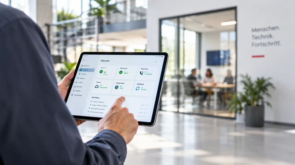 Mitarbeiter mit Tablet zur Übersicht vernetzter IT-Systeme