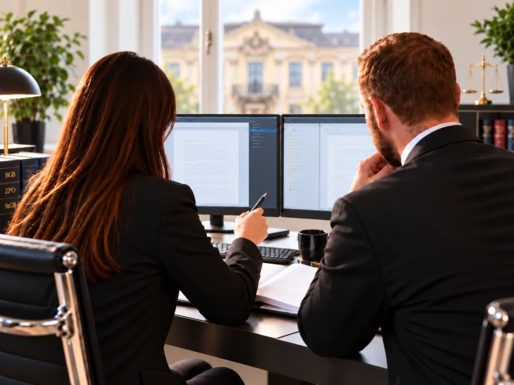 Zwei Personen an einem Schreibtisch mit zwei Monitoren in einem Büro.